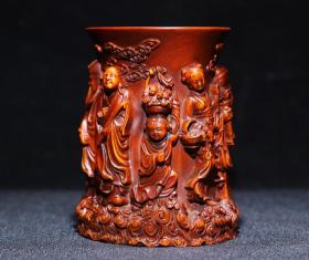 黄杨木精雕八仙笔筒摆件