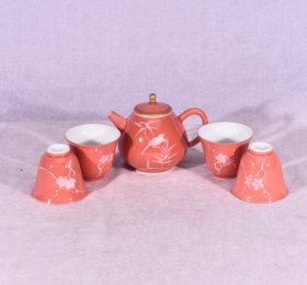 大清雍正年制胭脂红釉堆雪花鸟纹酒具茶具 壶高9.5宽11.5厘米1