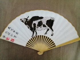 手绘九寸牛气冲天竹扇一把