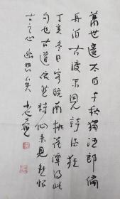 老壶国画岭南名家四尺整张，老壶，字隐瀚。颜其斋一方山水居。三十始弄墨，所作山水，花鸟人物皆以小品见长，吸收汉画像砖，民间工艺，儿童画等表现手法，取材皆有感而发，源于现实并致力于关注现实主题的彩墨画创作。题画诗文，随心信手，不拘格律。信奉书画之道须经过“二分写字，二分画画，二分交游,四分读书”始有所成。现居广州黄埔古村。职业画家，广东清远市民间文艺家协会副秘书长。