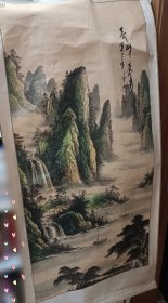 奇峰小青绿--老裱--争辉画（卷轴下方脱落）