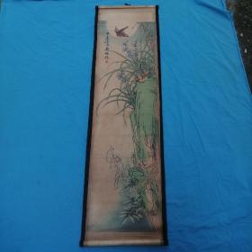 八十年代水印郑板桥竹鸟画一幅，手工绫裱，彩墨，长107㎝，宽：32cm，清代（1645-1911）