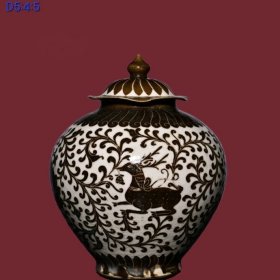 定窑剔花工艺褐彩缠枝花卉纹盖罐 19×26厘米