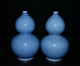 清代康熙天蓝釉葫芦瓶一对 古玩古董古瓷器老货收藏