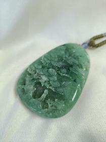 翡翠山水牌 吊坠挂件 生意兴隆 老坑飘绿 天然翡翠A货 玉石收藏