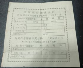 中国银行湖州分行有奖贴花储蓄中奖号码单，1995年