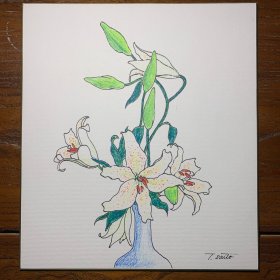 日本回流色纸，卡纸画，彩笔画，花卉百合，直笔，1996年，齐藤孝签名，27*24cm