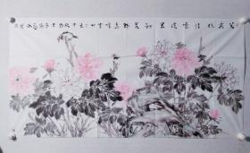 保真书画，优秀花鸟画家，郝明然四尺整纸国画一幅，尺寸：70*137，现为东明博物馆馆长、中国美术家协会会员、国家一级美术师、山东画院高级画师、庄子书画院副院长。1996年随山东文化代表团赴泰国、马来西亚、新加坡和香港、澳门地区进行文化交流、举办书画联展。