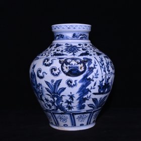 旧藏 元代青花唐太宗人物故事纹狗头罐一对 高39x38厘米