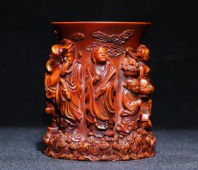 黄杨木精雕八仙笔筒摆件