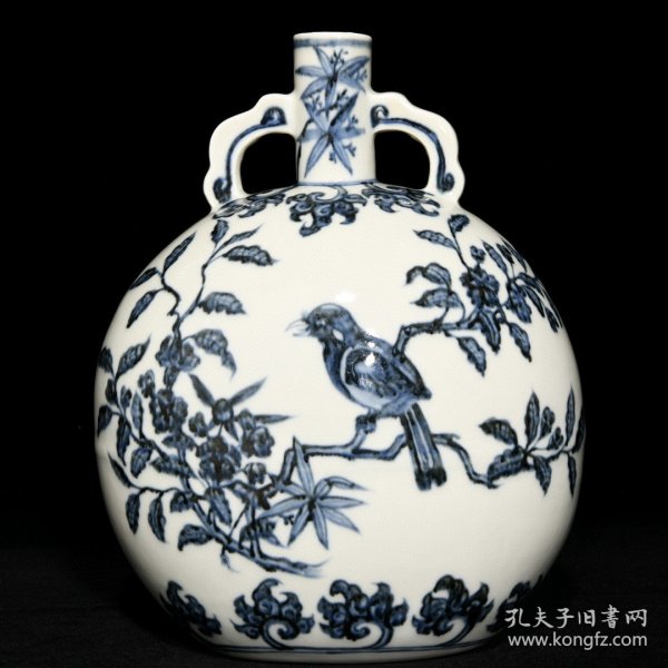瓷器 明青花花鸟纹扁瓶，高26厘米直径20.5厘米