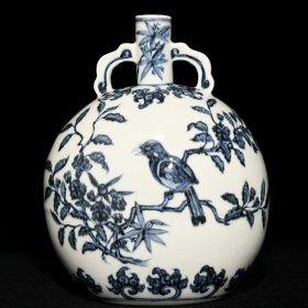 瓷器 明青花花鸟纹扁瓶，高26厘米直径20.5厘米