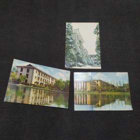 华东师范大学（明信片3张）物理馆侧影，图书馆前景，雪后三馆