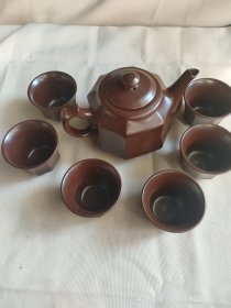八十年代淄川陶瓷厂生产的紫砂掛釉八棱茶具7件套