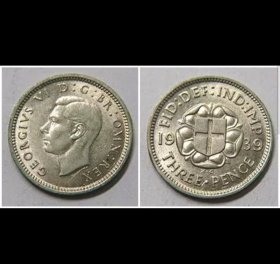 英国1939年3便士硬币 银币 BU全新原光品，乔治六世头像