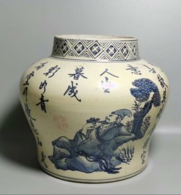 8-90年代   手绘青花李白将进酒罐子  特惠338

保真老旧货，包手绘非常漂亮字画一体，直径25高22 整体完整底部款很牛，边上一圈烧制干纹没什么影响，喜欢来吧特惠338包邮不刀