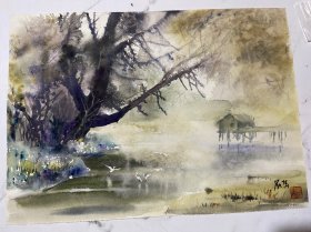 保真保手绘。水彩一张，品相如图。画心尺寸（52*37）cm，货号：L424