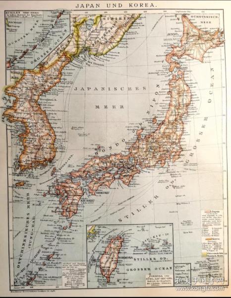 欧洲西洋回流清代德国出版老地图古董版画19世纪老照片等日本包含朝鲜半岛台湾岛千岛群岛琉球群岛等区域版画地图原件彩色大尺寸文字标注详细清晰 精美史料收藏适合装饰装裱 尺寸30*24