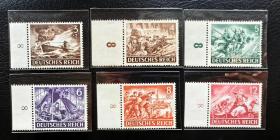 2-634德国1943年邮票，国防。海战，空战，陆军。战斗场面。12全新，原胶上品带数学边纸8。二战集邮。