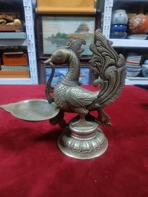 早期藏品，白铜鎏银凤形油灯，直径约9厘米，最宽处20厘米，高19厘米，重920克，380包邮。