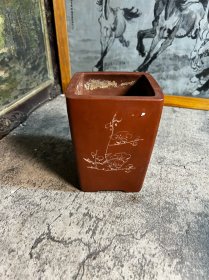 80年代左右签筒紫砂花盆，开线
