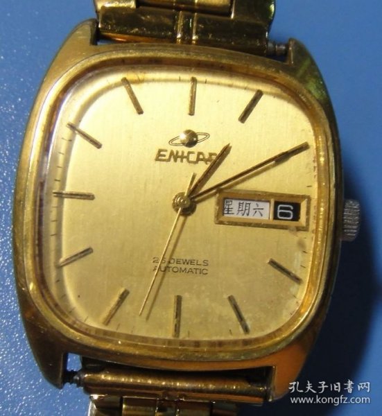 镀金方形英纳格（ENICAR）双日历机械自动表