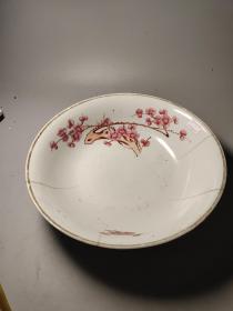 民国瓷，民国时期手绘红梅薄胎大汤碗，开线
