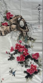 【终身保真字画，得自画家本人】贾春明 137X68cm！ 1949生人，自幼钟情绘画，先者随启蒙老师易白石先生学习写意花鸟画，   现为中国书画院院士、中国老年书画研究会会员、天津美术家协会会员。