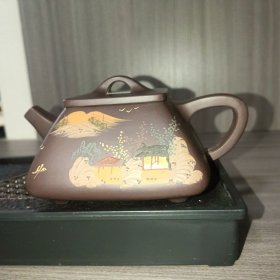 宜兴老紫泥原矿堆绘山水石瓢壶 国工储立强老师纯手工精制 300cc左右