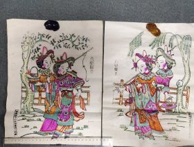 陕西凤翔年画，套色木版刷印老年画《鱼乐图》两张，有“明嘉靖十四年南萧隐士藏板”字