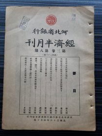 民国期刊《河北省银行经济半月刊，第三卷第8期》收录：黄金在未来经济之地位 林久明，论我国当前的进出口贸易 郑振声，如何禁绝摊派?刘炳若，天津织染工业之概况 霍世奋，美国怎样才能避免大不景气的发生?冯忠荫，天津染织厂概观 赵兴国，经济法规汇编:银行法