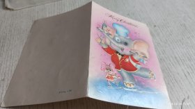 实寄封(内新年贺卡，图案大象老鼠滑冰贺卡)八十年代