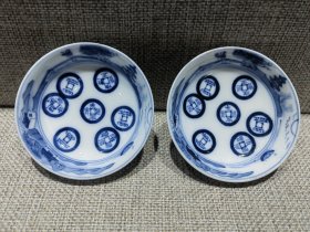 清道光年制 青花山水 钱币铜钱题材图案小赏盘，边有轻微冲线如图所示，直径7.7厘米，一对800包顺丰！