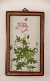 红木双色框镶粉彩花鸟瓷板画中堂挂屏1