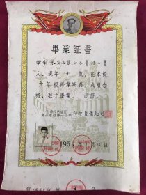 1957年上海市邑庙区复兴东路第一小学毕业证书，尺寸：39*27厘米，品佳，150包邮。