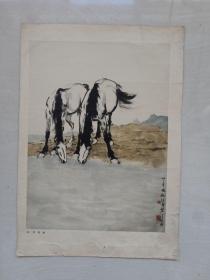 八开美术作品，文革前印刷1959年人美版《徐悲鸿画集》中的一页《双饮图》，实物图