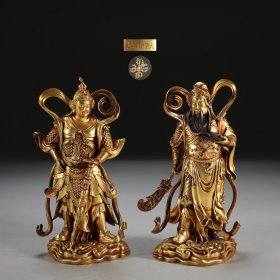 明 铜胎鎏金关公韦陀立像 一对