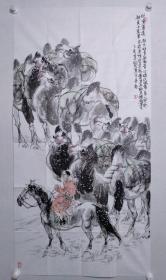 保真书画，内蒙古著名画家，刘宝玉四尺整纸国画人物《任重道远》一幅，尺寸：137.5*70，中国美术家协会会员、内蒙古美术家协会第七届委员会委员、赤峰市美术家协会副主席、赤峰市书画院特聘画师、文化部中外文化交流中心国韵文华书画院特聘书画师