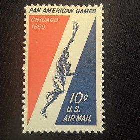 USA127美国邮票1959年 第三届芝加哥泛美运动会 体育 传递火炬 雕刻版外国邮票 新 1全