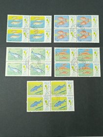 外国邮票 老挝邮票1983年 湄公河鱼类一组5枚四方连，盖销，品相如图，满30包邮。