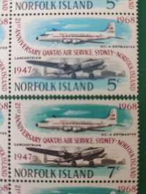 诺福克群岛邮票 1968年诺福克与悉尼航线开通21周年-飞机 2全新