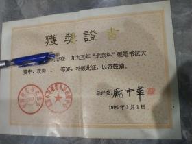 96年获奖证书（总评委 庞中华）