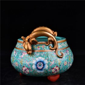 清雍正本金珐琅彩缠枝花卉纹三足双龙耳香炉古董古玩古瓷器规格