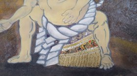 绢本（晴山）手绘 岩彩相扑人物画 至少60~70年代之前的作品！