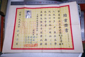 1955年上海财政经济学院结业证书一件，学员徐承曾江苏震泽县人（今苏州市东山镇），统计干部训练班，院长姚耐副院长褚葆一等，尺寸42-29㎝。