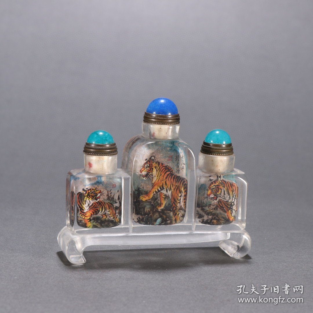 清 琉璃内画虎纹三连鼻烟壶