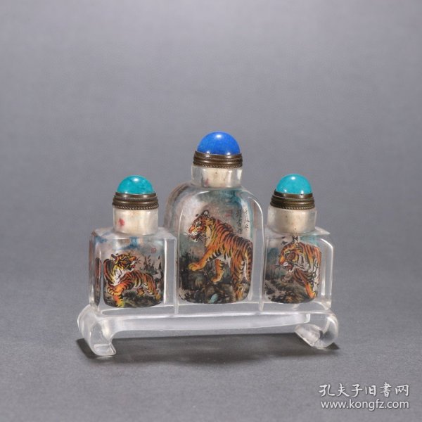 清 琉璃内画虎纹三连鼻烟壶