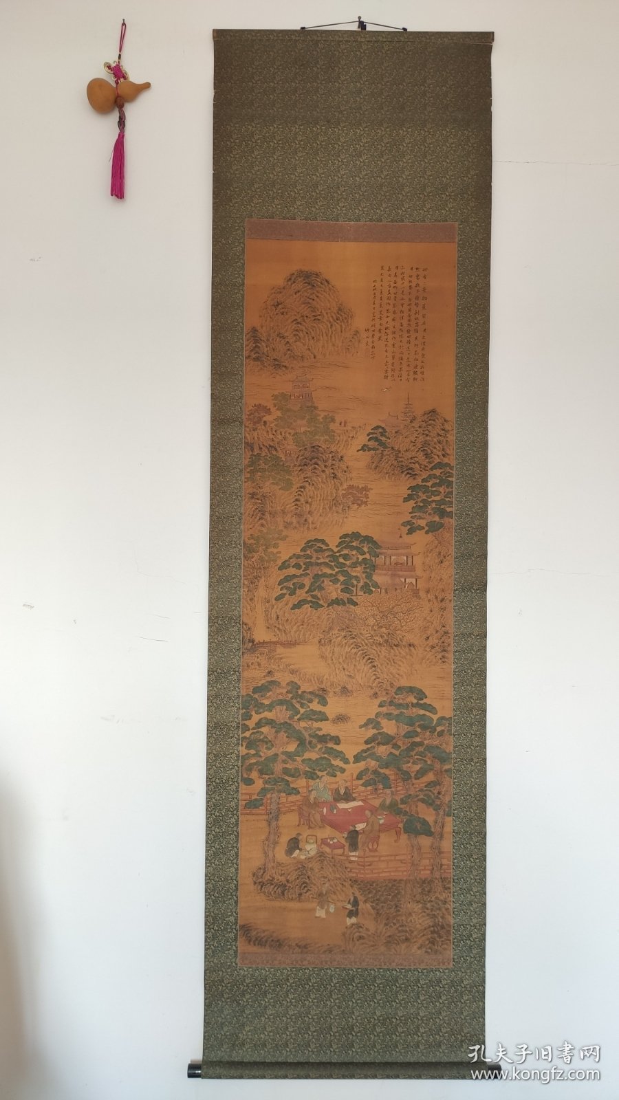 回流字画：南画大名家：田能村竹田，竹田生，松下研经图，文政丙戊写于砚田农舍，画工细致极精之作，大幅绢本设色山水立轴，，原装绫裱，整幅199*53.8画心136*40.8
