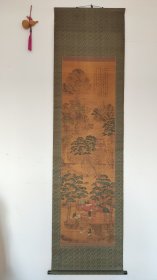 回流字画：南画大名家：田能村竹田，竹田生，松下研经图，文政丙戊写于砚田农舍，画工细致极精之作，大幅绢本设色山水立轴，，原装绫裱，整幅199*53.8画心136*40.8