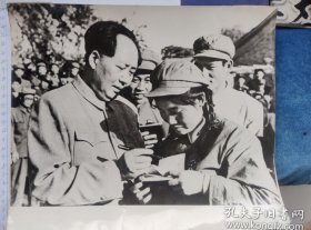极罕见照片！1952年，毛主席为志愿军女兵解秀梅签名留念，她就是冲上去拥抱毛主席的志愿军女英雄。吕厚民拍摄，六七十年代新华社洗印新闻展览照片：20x15厘米大幅照片，此照片留存极少